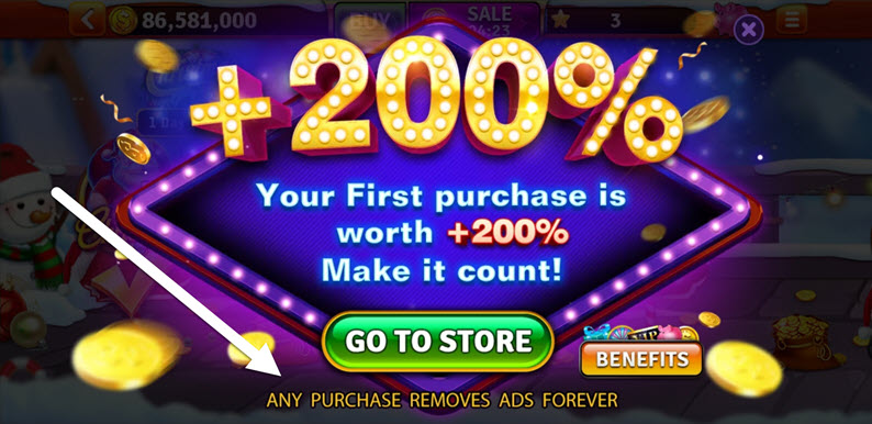 any purchase removes ads forever message